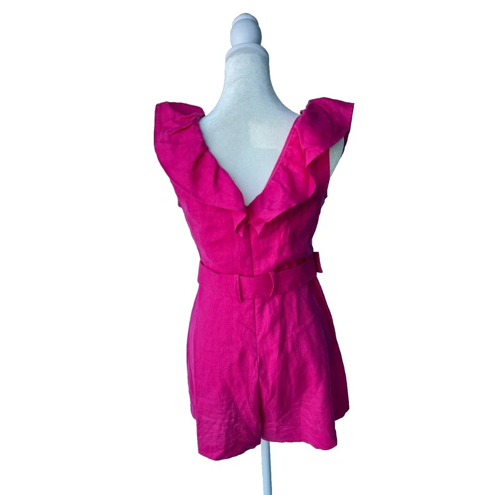 Mango MNG Pink Linen Ruffle Romper S Tropical Vacation Barbiecore Boho Romantic